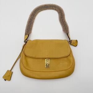 Prada Vintage Yellow Grained Leather Twist Lock Woven Metal Gold Chain Strap Bag